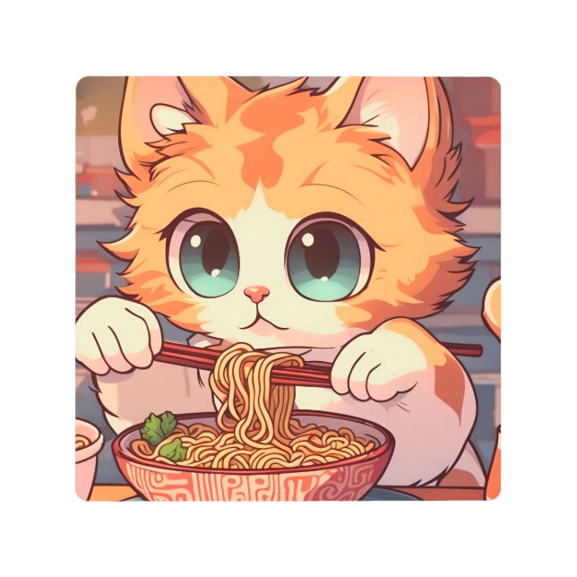 Impresión En Metal Gato Adorable comiendo Ramen (Anverso)
