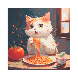 Impresión En Metal Gato comiendo espagueti
