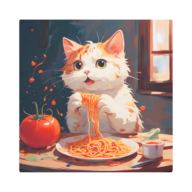 Impresión En Metal Gato comiendo espagueti (Anverso)