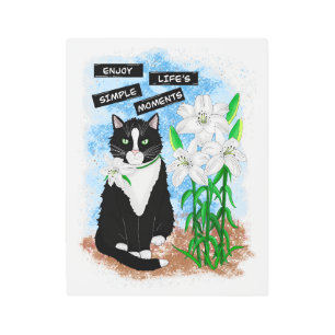 Impresión En Metal Gato de Tuxedo y Lilies   Oferta Inspiradora