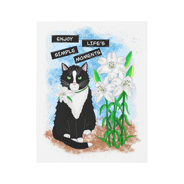 Impresión En Metal Gato de Tuxedo y Lilies | Oferta Inspiradora (Anverso)