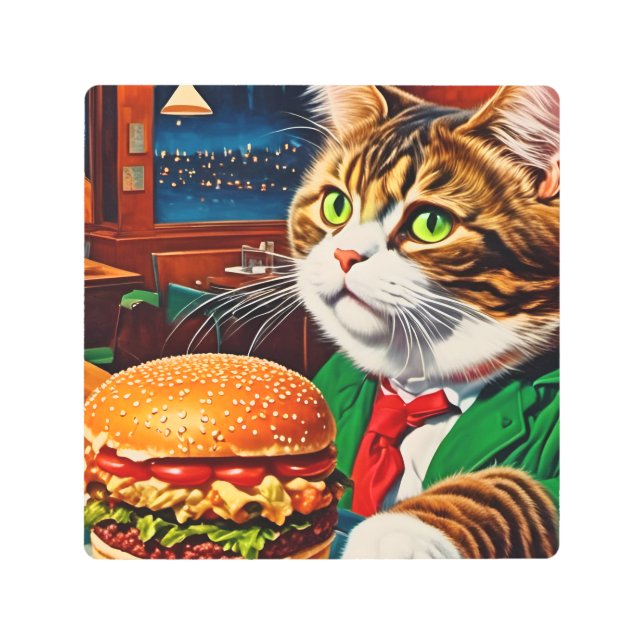 Impresión En Metal Gato en la cena pide una hamburguesa de queso (Anverso)