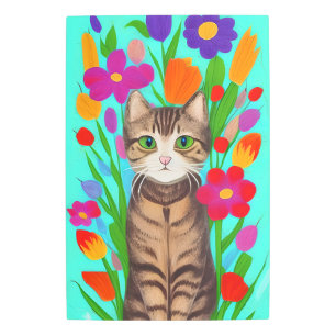 Impresión En Metal Gato grisáceo lindo con flores coloridas