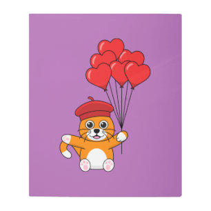 Impresión En Metal Gato lindo con globos de corazón rojo
