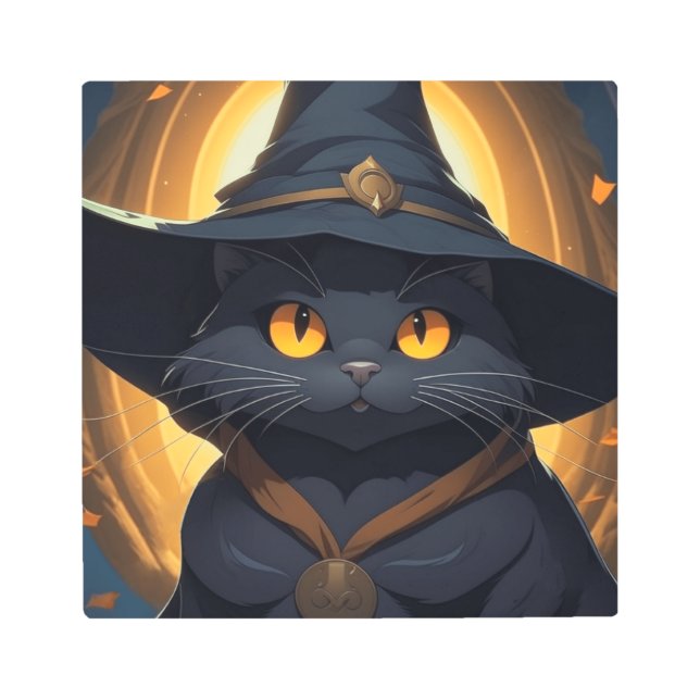 Impresión En Metal Gato negro en un Gorra brujo (Anverso)