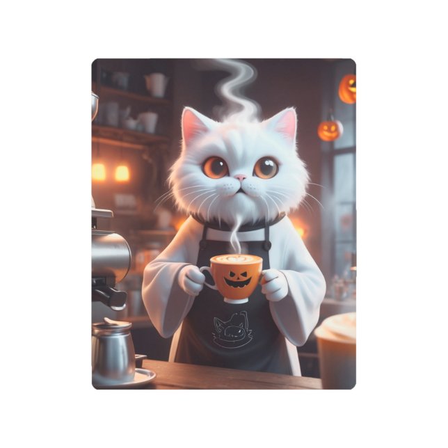 Impresión En Metal Ghost Cat Café | Whimsical Halloween Art (Anverso)