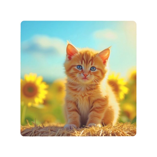 Impresión En Metal Ginger Gatito Adorable en campo de girasoles (Anverso)
