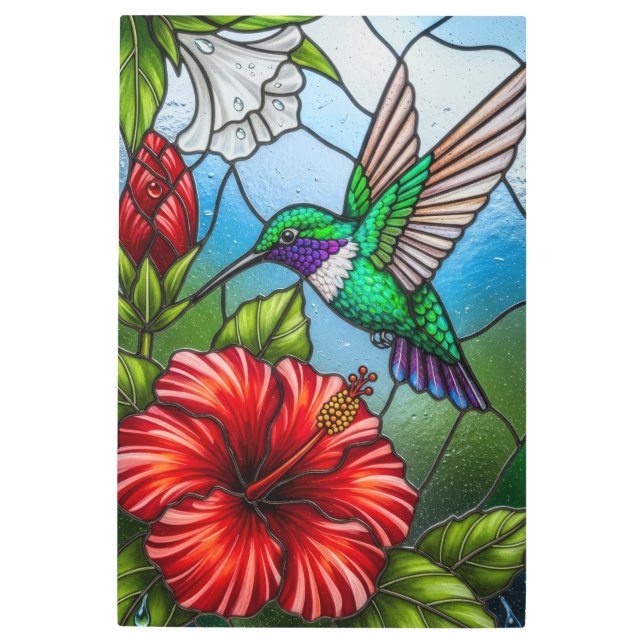 Impresión En Metal Glass Patchwork Hummingbird Garden Floral Mosaic (Anverso)