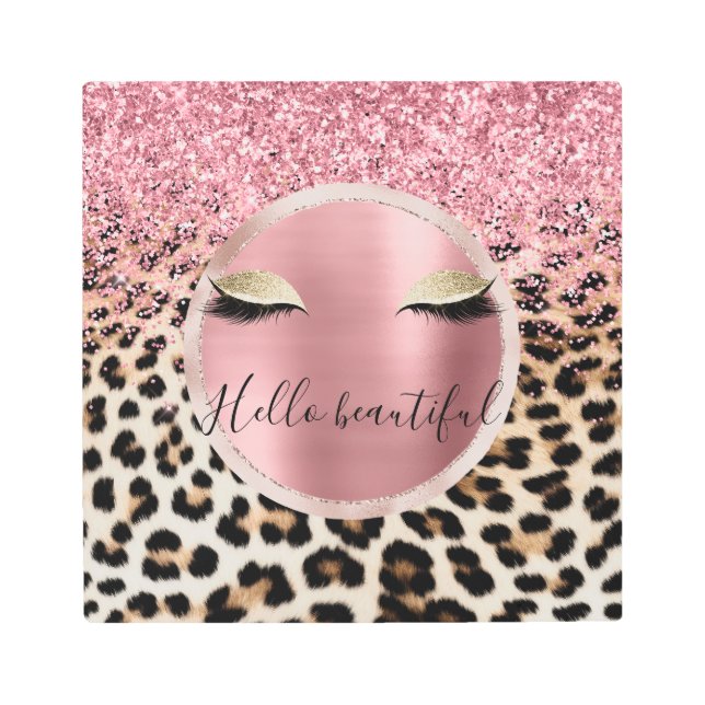 Impresión En Metal Glitzy Purpurina Rosa Oro Eyelashes Leopardo (Anverso)
