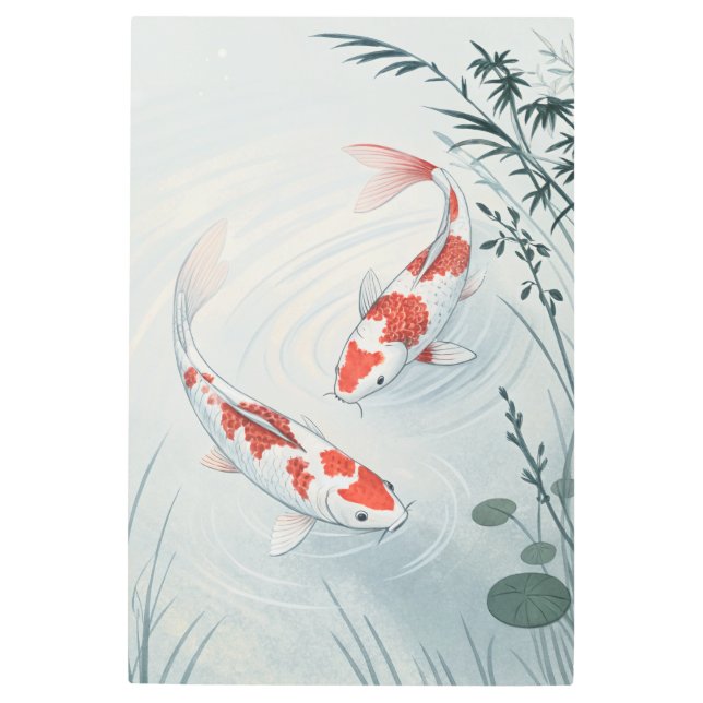 Impresión En Metal "Graceful Koi: Serene Water Garden Illustration (Anverso)