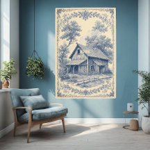 Granero rústico Toile Paisaje Vintage Azul Francés