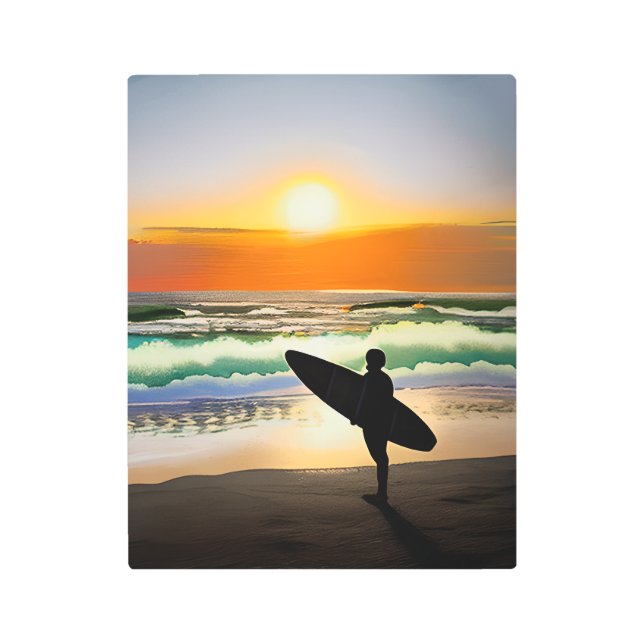 Impresión En Metal Guy on Beach con Surf Board Sunset (Anverso)