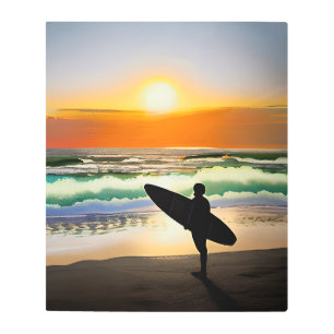 Impresión En Metal Guy on Beach con Surf Board Sunset