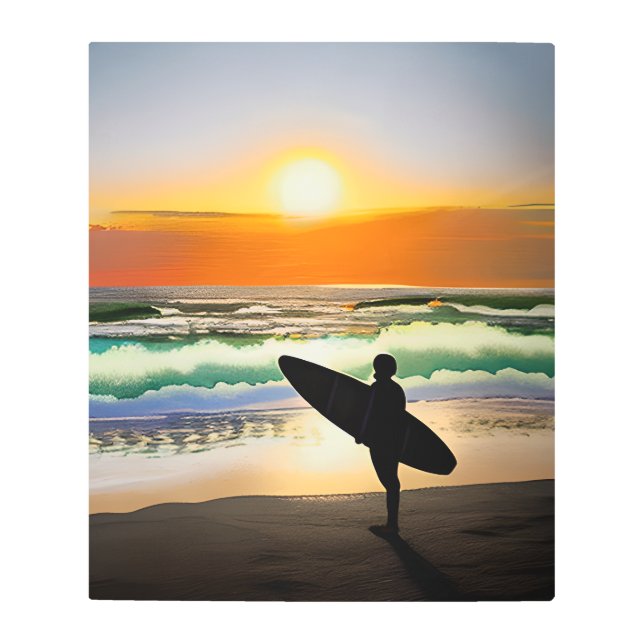 Impresión En Metal Guy on Beach con Surf Board Sunset (Anverso)