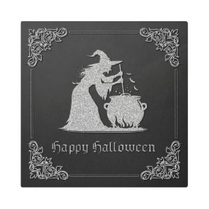 Impresión En Metal Halloween de Brujas y Calderones Plateados