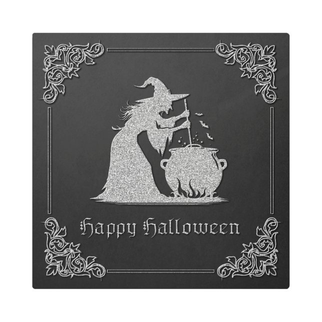 Impresión En Metal Halloween de Brujas y Calderones Plateados (Anverso)