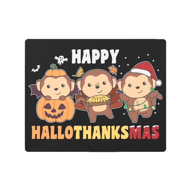 Impresión En Metal Happy Hallothanksmas Monkey Christmas Monkeys Meta (Anverso)