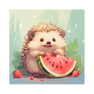 Impresión En Metal Hedgehog disfrutando de una sandía