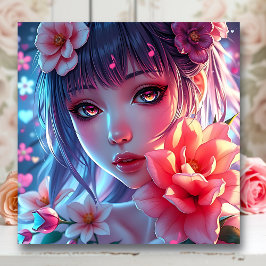 Impresión En Metal Hermosa Anime Chica Glitchcore Floral