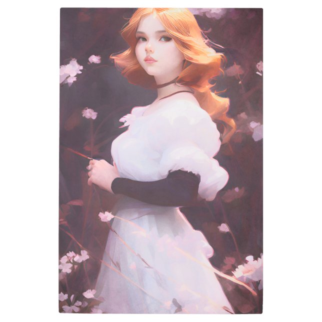 Impresión En Metal Hermosa joven Chica entre retrato de flores rosas (Anverso)