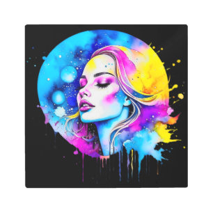 Impresión En Metal Hermosa Mujer Acuarela Resumen