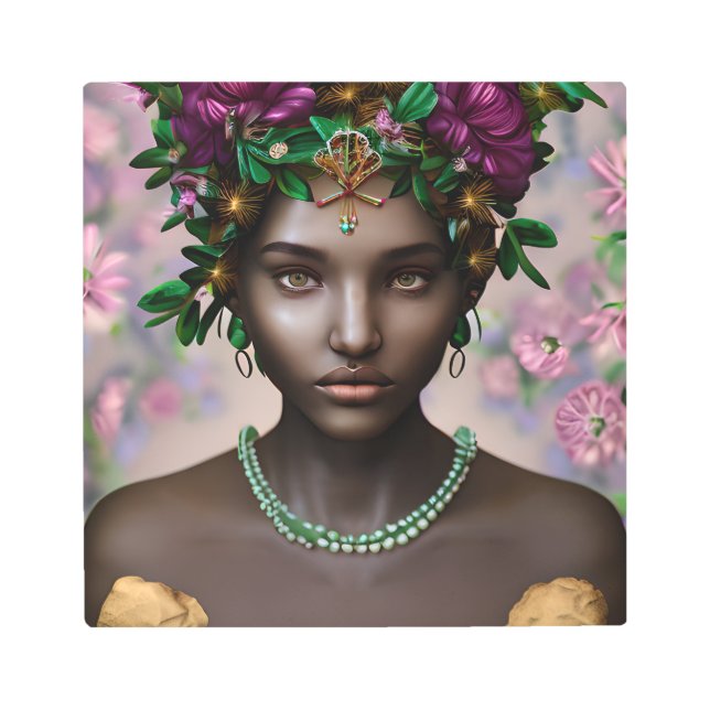 Impresión En Metal Hermosa mujer afroamericana con flores (Anverso)