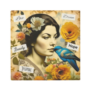 Impresión En Metal Hermosa mujer de época con pájaro azul