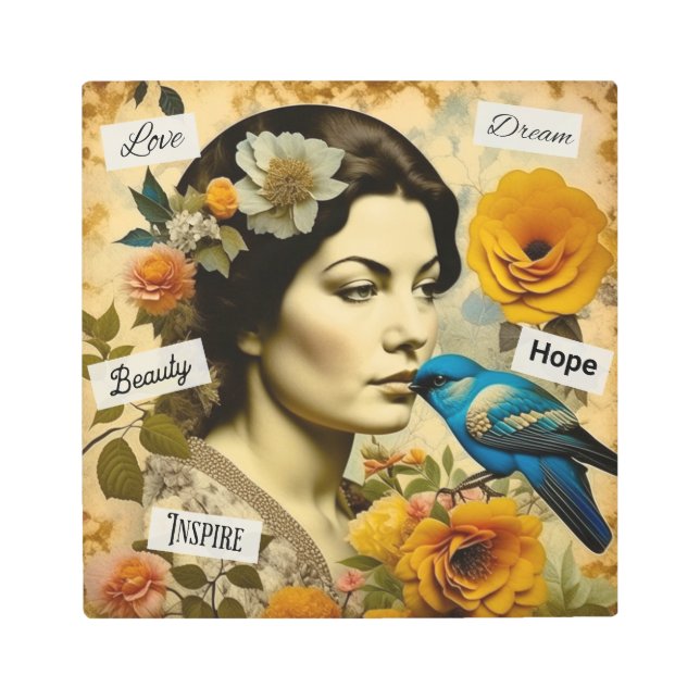 Impresión En Metal Hermosa mujer de época con pájaro azul (Anverso)