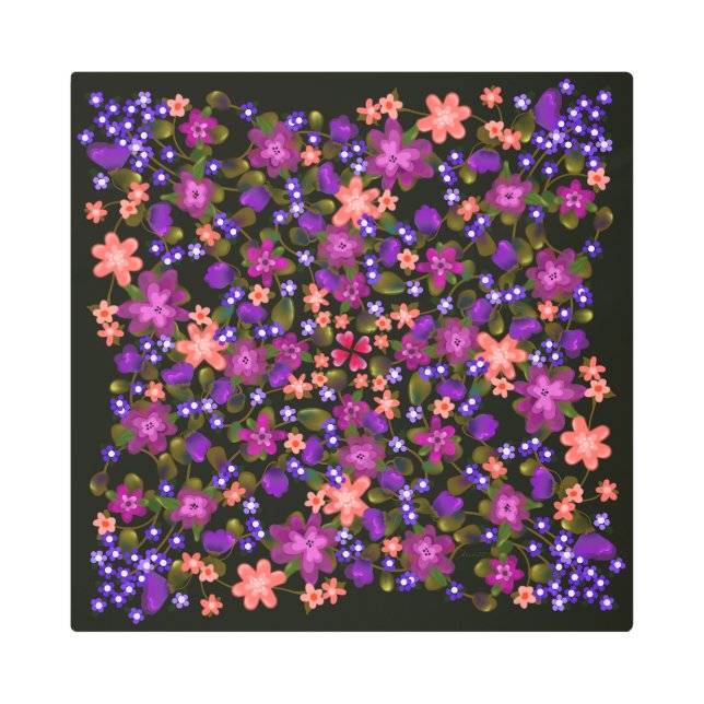 Impresión En Metal Hermosas flores de boho rosa, púrpura y azul (Anverso)