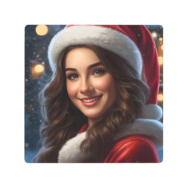 Impresión En Metal Hermoso Chica Santa Claus Sonrientes Navidades bur