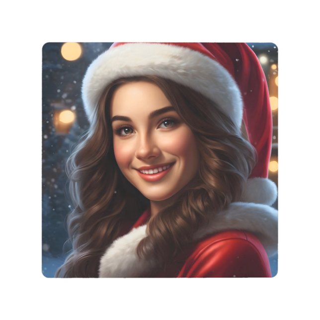 Impresión En Metal Hermoso Chica Santa Claus Sonrientes Navidades bur (Anverso)