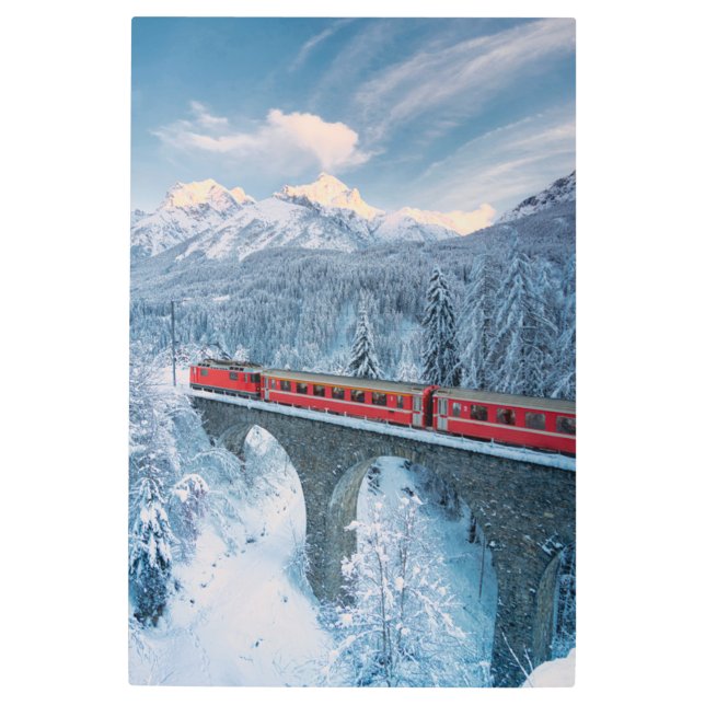 Impresión En Metal Hielo y nieve | Red Bernina Express Train Suiza (Anverso)