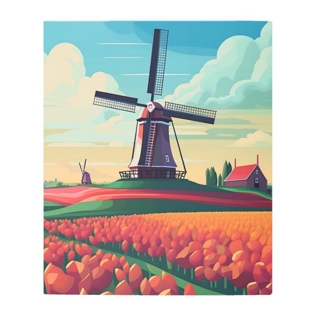 Impresión En Metal Holland Tulip Field Windmill Paisaje Holandés (Anverso)