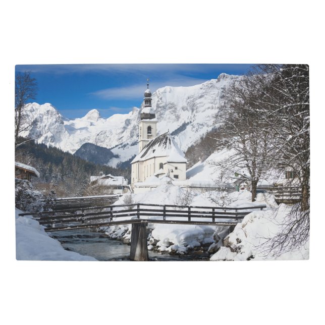 Impresión En Metal Iglesia en la nieve con los Alpes (Anverso)
