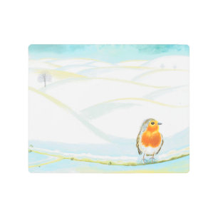 Impresión En Metal Ilustracion del paisaje invernal blanco con Robin