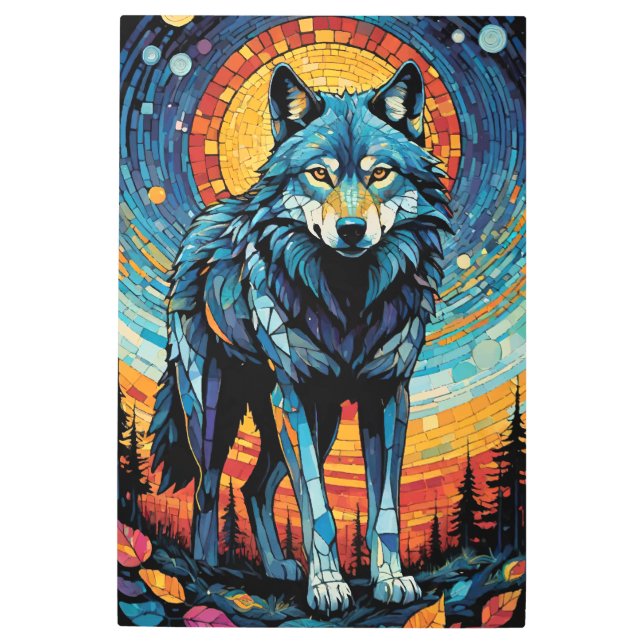 Impresión En Metal Ilustracion mosaico colorido del lobo majestuoso (Anverso)