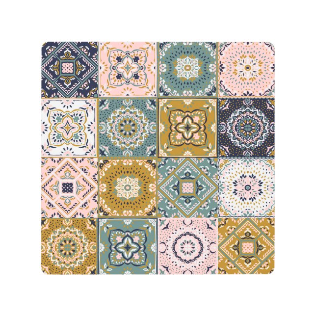 Impresión En Metal Indio de Talavera: Patchwork, mosaico étnico. (Anverso)