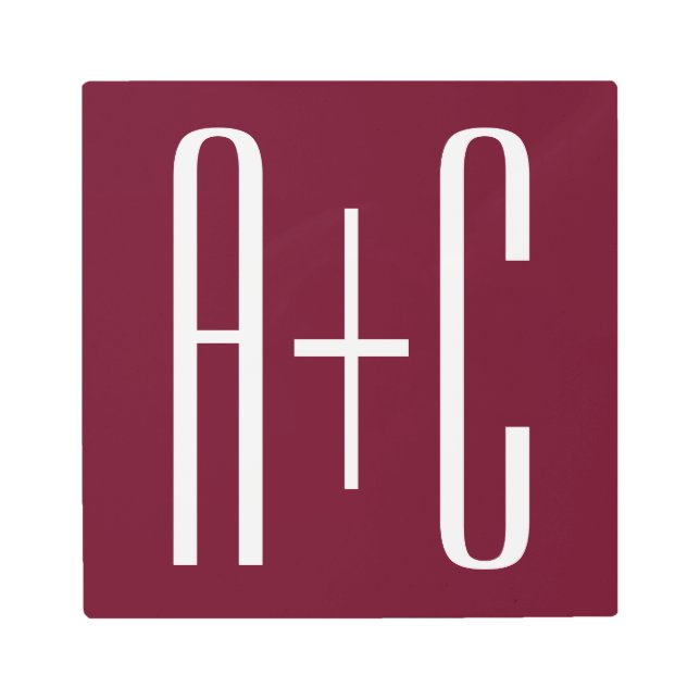 Impresión En Metal Iniciales de parejas simples | Blanco y Borgoña (Anverso)