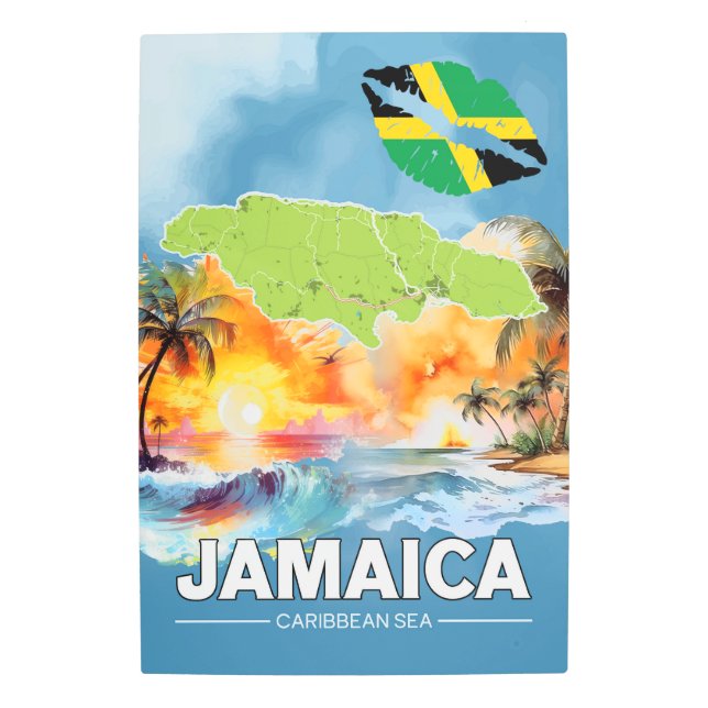 Impresión En Metal Jamaica Caribbean Sea Map Beach Sunset (Anverso)
