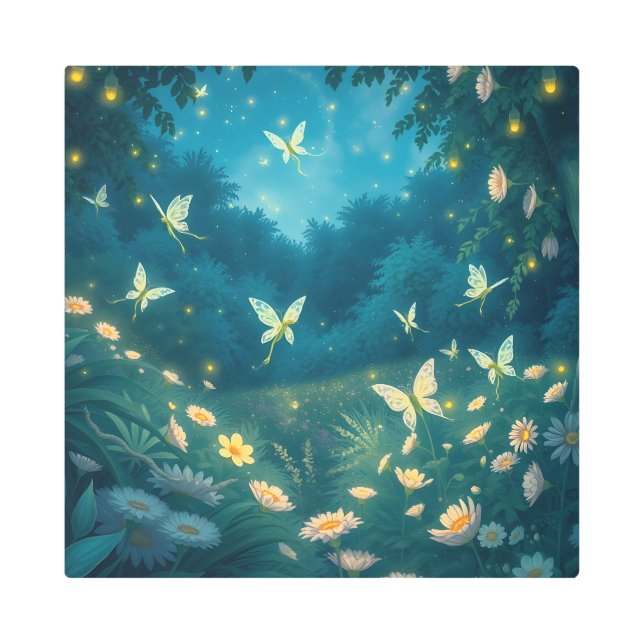 Impresión En Metal Jardín nocturno con flores y luciérnagas (Anverso)