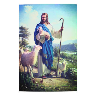 Impresión En Metal Jesucristo hijo de Dios con ovejas