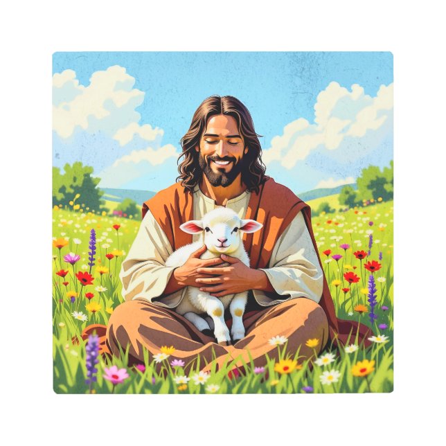 Impresión En Metal Jesus holding a Lamb | Religious Christian (Anverso)