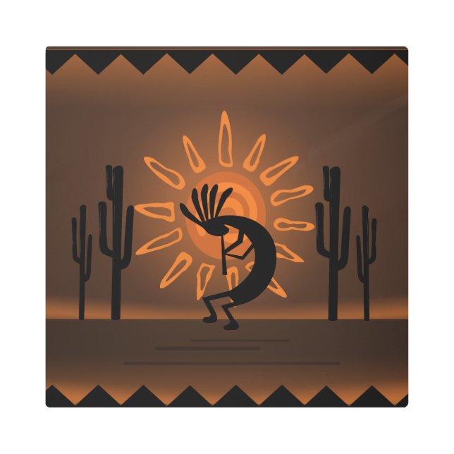 Impresión En Metal Kokopelli Sun Southwest Rustic Brown Metalizado (Anverso)