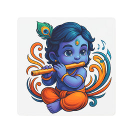 Impresión En Metal Krishna bebé con flauta - Vibes de paz | Vibrante 