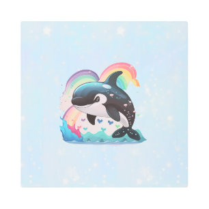 Impresión En Metal La caza de ballenas asesina de Kawaii Orca llueve 