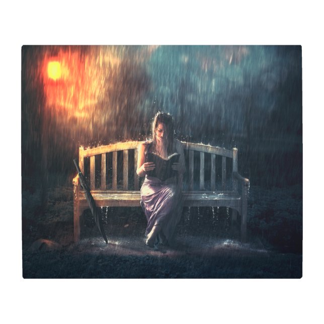 Impresión En Metal La mujer leyendo libro en la lluvia (Anverso)