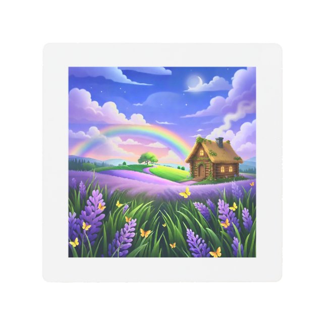 Impresión En Metal Lavender Field Rainbow Cottage Dream (Anverso)