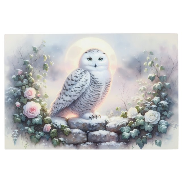 Impresión En Metal Lechuza nevada en el jardín de invierno iluminado  (Anverso)