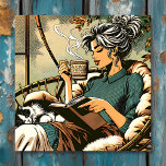 Impresión En Metal Lecturas de dama acogedoras con tarjeta de café y<br><div class="desc">Una dama de bonito relajándose en su acogedora silla Papasan leyendo un libro,  tomando café con un lindo gato negro y blanco durmiendo en su regazo.</div>
