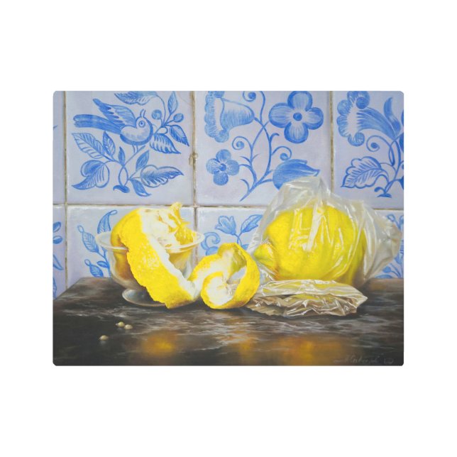 Impresión En Metal Lemons and Azulejos — Classic Blue & Yellow Still  (Anverso)